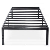 A sturdy metal bed frame with elegant black slats, suitable for contemporary interior design.